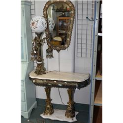 Highly decorative gilt metal and marble console table with underlighting, matching mirror plus a thr