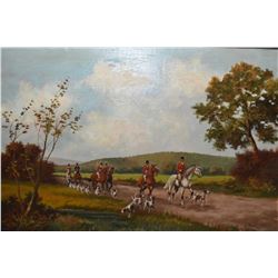Framed oil on canvas painting of a huntscene signed by artist P. Majon, 24" X 36"