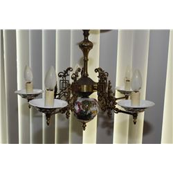 Capodimonte five branch porcelain and brass ceiling fixture and an antique brass thurible for incens