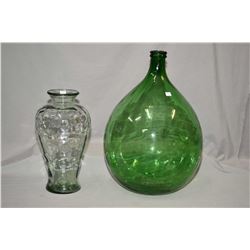 Large green glass bottle 26" in height and a clear glass flower vase