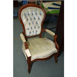 Three piece button tufted parlour suite including settee and his and hers parlour chairs, with carve