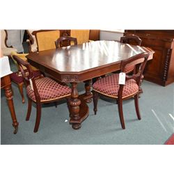 Walnut refractory style dining table with three insert leaves plus a set of four co-ordinating dinin