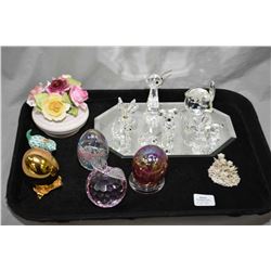 Selection of cabinet collectibles including Swarvoski crystal figures, art glass egg and apple, a Th