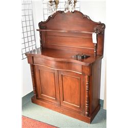 Small Victorian two door, single drawer sideboard with curved drawer front, turned columns, attached