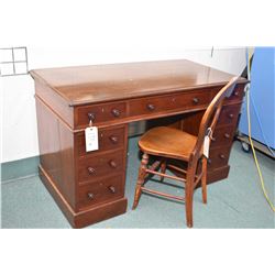 Antique mahogany double pedestal desk, appears to be original hardware and finish, each drawer indep