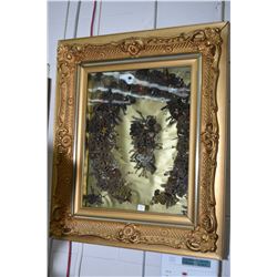 Gilt framed shadow boxed Victorian family hair wreath with approximately 12 shades of different hair