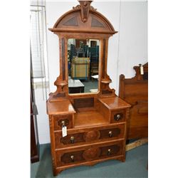 Antique four drawer mirrored dresser with basin drop and candleholders plus an Eastlake 50" headboar