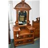 Image 1 : Antique four drawer mirrored dresser with basin drop and candleholders plus an Eastlake 50" headboar