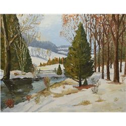 Framed oil on board painting of a wintry meadow scene signed by artist B. Knudsen '72, 16  X 20 