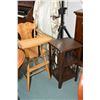 Image 1 : An art deco three tier walnut book stand and a maple high chair for doll or teddy bear display