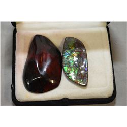 Large 9.4 gram red amber specimen and a 11.0gram specimen of blue, green SChaipas ammolite