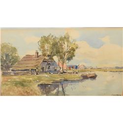 Vintage gilt framed watercolour painting of cottages along a shoreline, signed by artist I.V.O. Venn