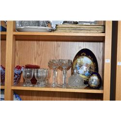 Shelf lot of collectibles including commode, etched candlesticks, Limoges eggs, stemware, ruby and w