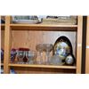 Image 1 : Shelf lot of collectibles including commode, etched candlesticks, Limoges eggs, stemware, ruby and w