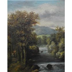 Pair of antique gilt framed oil on canvas paintings of mountainous river scenes 21" X 17" signed by 