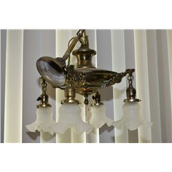 Antique brass four branch ceiling fixture with satin glass shades