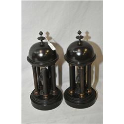 A pair of antique bronze and slate garnitures, 13" in height