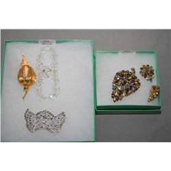 Signed Sherman champagne Aurora borealis leaf shaped brooch and matching signed Sherman earrings plu