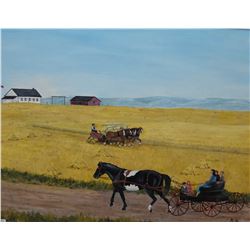 Framed acrylic on board painting of a harvest scene with horse, initially by arist B.H, 18" X 24"