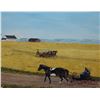 Image 1 : Framed acrylic on board painting of a harvest scene with horse, initially by arist B.H, 18" X 24"