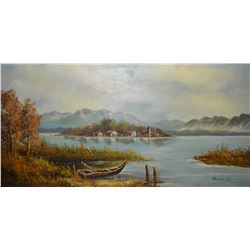 Large framed oil on canvas painting of a shoreline farmyard signed by artist Bonnie Lee, 24" X 48"