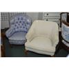 Image 1 : Two vintage upholstered parlour chairs including a violet coloured button tufted slipper chair and a