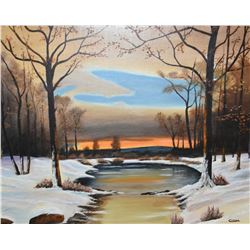 Framed acrylic on board painting of winter pond scene signed by artist Carter 24" X 30"