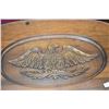 Image 2 : Mid 20th century walnut coffee table with decorative skirt and carved inset eagle under glass protec