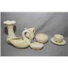 Image 1 : Seven pieces of green and brown mark Belleek including a 6" vase, swan cream and sugar, small shell 
