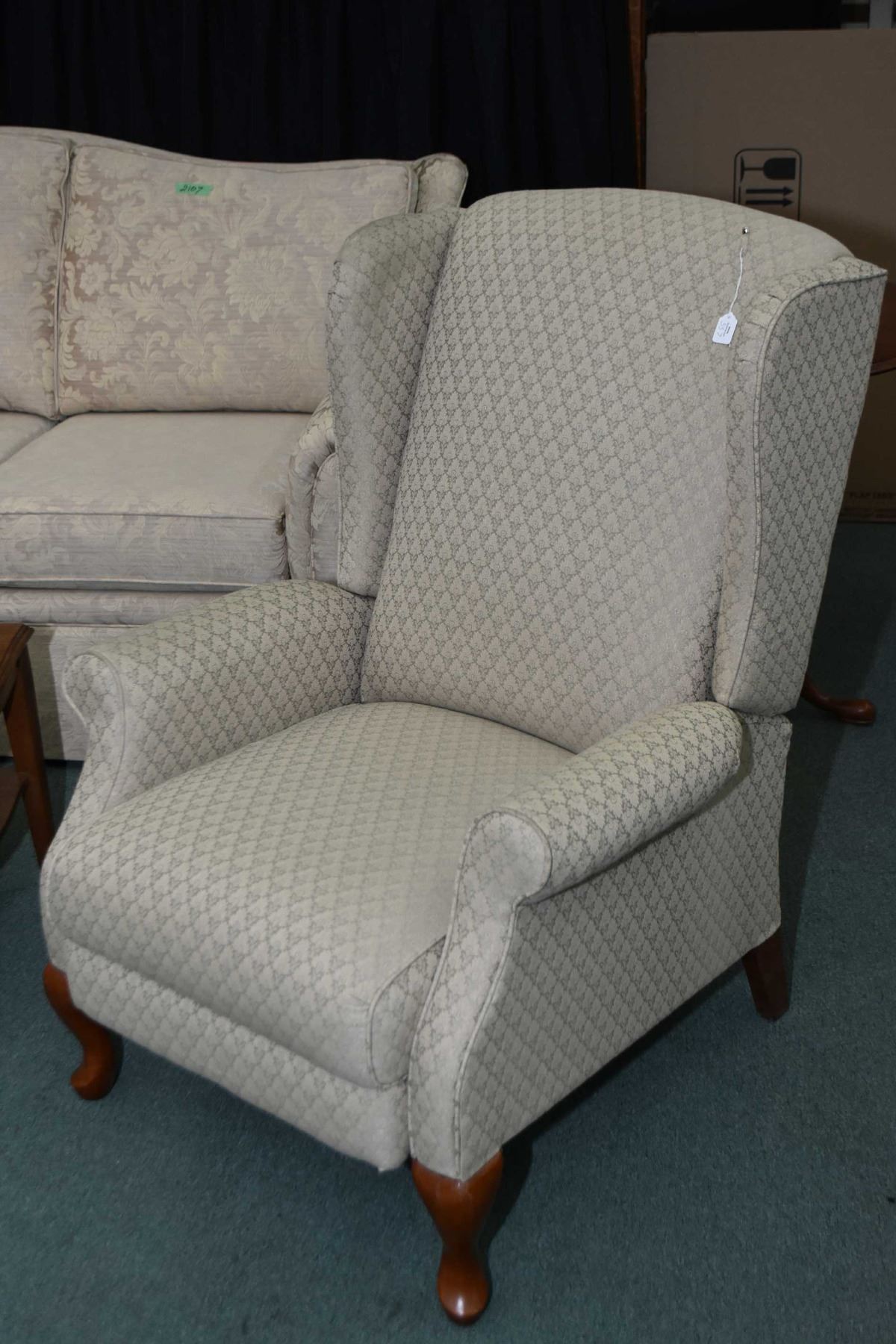 Lazboy upholstered reclining wing back chair with cabriole feet