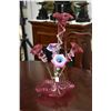 Image 1 : Victorian five trumpet cranberry epergne with ruffled bowl and three matching flutes and flanked by