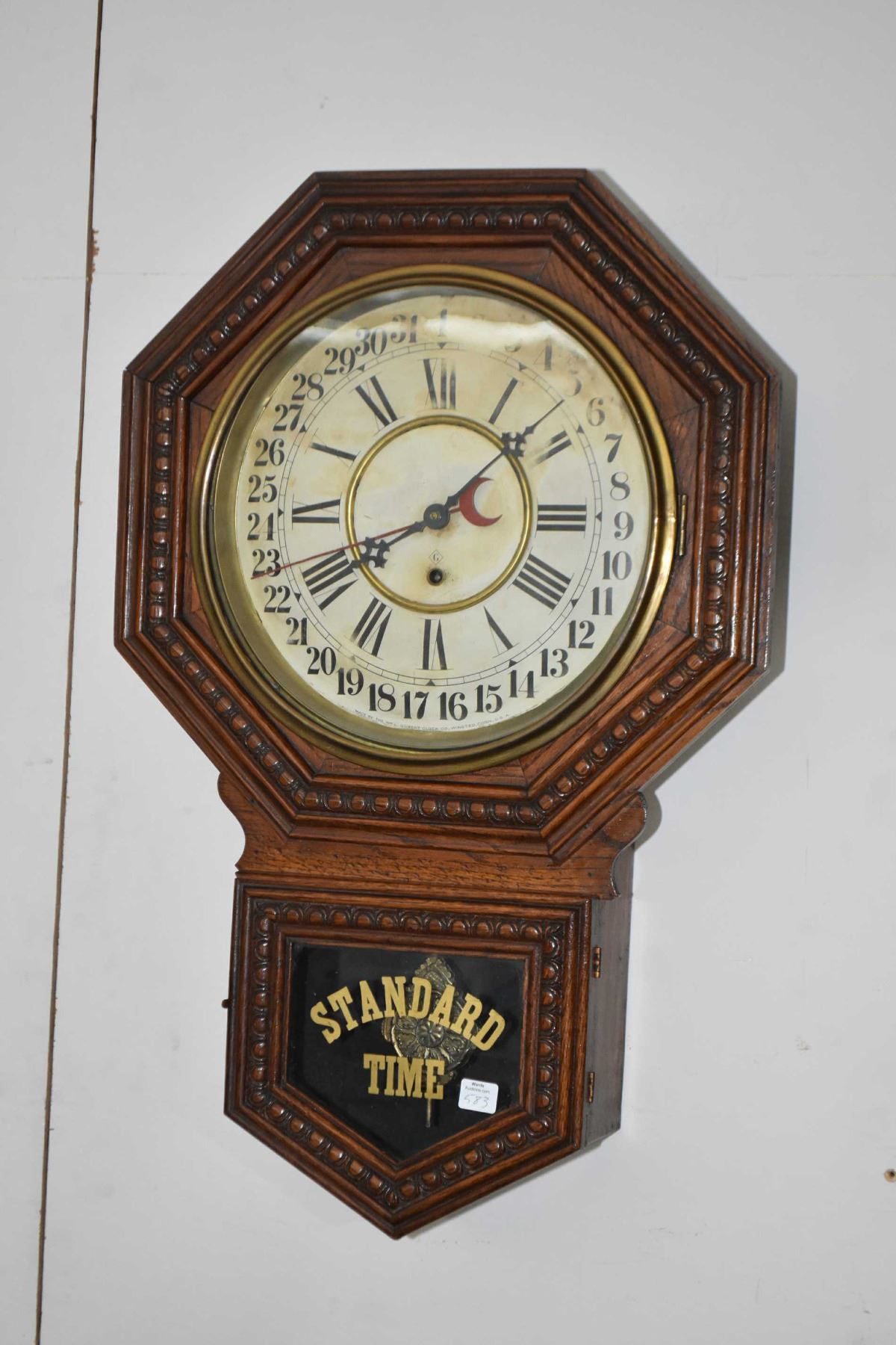 Antique Oak Cased Wall Clock Made By Wm L Gilbert Clock Co With Calendar And Decorative Visible P Antique Oak Cased Wall Clock Made By Wm L Gilbert Clock Co With Calendar And Decorative Visible P