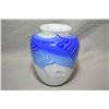 Image 1 : Hand signed Skookum milk glass with cobalt feather swirl vase, 5" in height