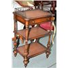 Image 1 : Modern mahogany three tier open shelf with single drawer and attached cast galley and leather inset 