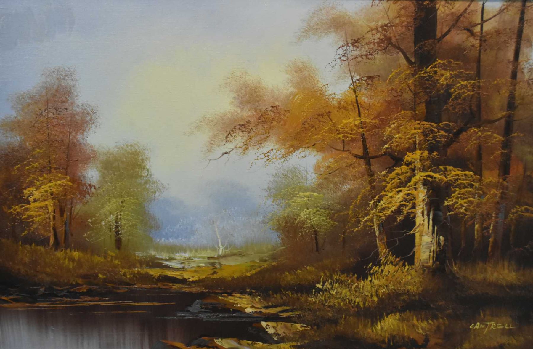 Framed Oil On Canvas Painting Of A Autumn Lake Scene Signed By Artist Cantrell 24 X 36