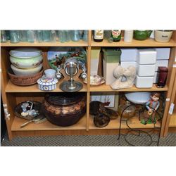 Two shelf lots of vintage collectibles including clay pots, glazed pottery planter, chintz dish, ste