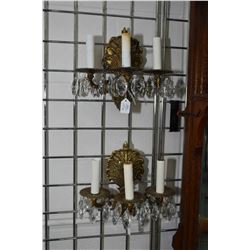 Pair of vintage three branch electric wall sconces with hanging lustres