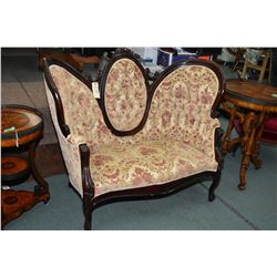 Mid 20th century Victorian style heavy brocade cameo back settee with carved show wood