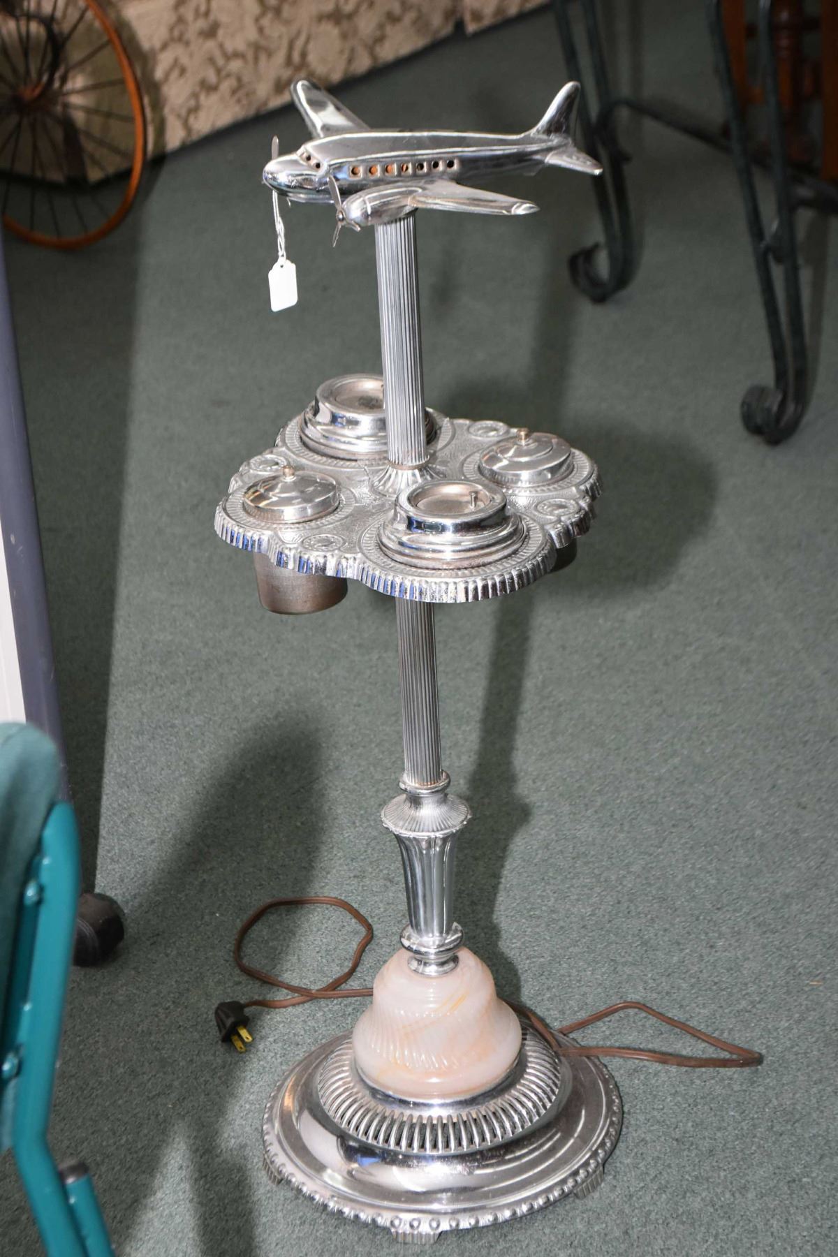 Vintage chrome plated DC3 airplane ashtray with accessories note