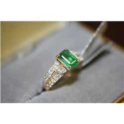 Ladies brand new 18kt yellow gold, emerald and diamond ring set with 1.24ct natural emerald gemstone