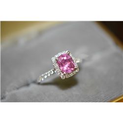 Ladies brand new platinum, pink sapphire and diamond ring set with 2.15ct cushion shaped natural pin