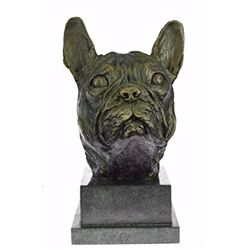 Man Best Friend French Bulldog Bronze Sculpture on Marble Base Statue