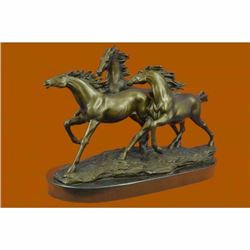 Wild Horse Galloping Mustang Ranch Bronze Sculpture on Marble Base Statue