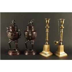 Antique Urns & a Pair of Brass Candlesticks