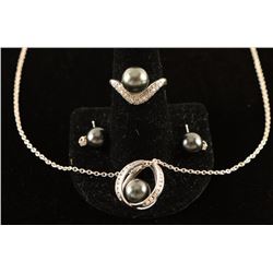 Black Pearl Pendant, Ring & Earrings Set