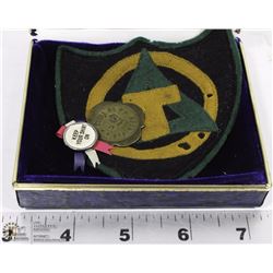 LOT OF VINTAGE CREST WITH PIN  AND 5 CENT TOKEN