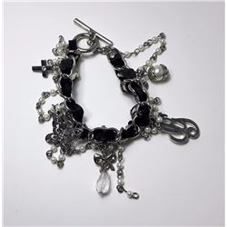 #16 - SILVER TONE PEARL & BLACK CRYSTAL BRACELET