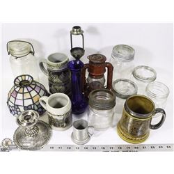 ASSORTED BOX OF GLASS STEINS, LAMP AND MORE