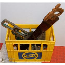 PEPSI CRATE WITH ASSORTED TOOLS & 5/8 OD HOLSCLAW