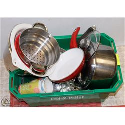 TOTE WITH ASSORTED POTS AND PANS, HOUSEHOLD